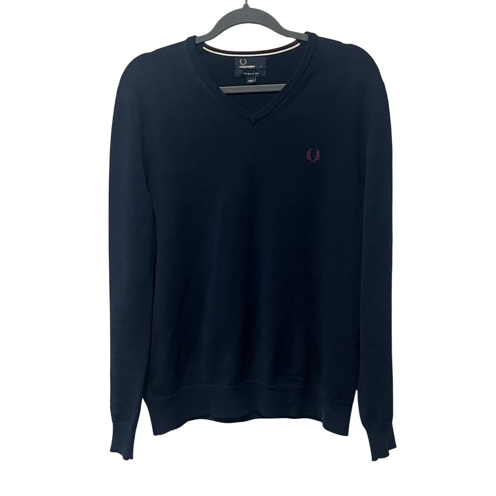 Fred Perry V-Neck Sweater Mens Large Navy Blue Merino Wool Golf Preppy Nautical
